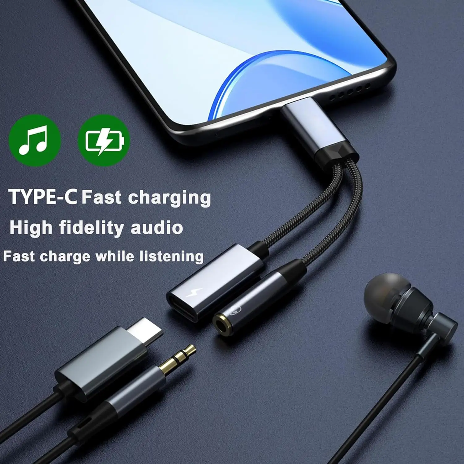 2-in-1 USB-C to 3.5mm & 60W PD Charger Adapter, HiFi Audio with DAC Chip, Fast Charging for Samsung/Google/iPad Pro/MacBook
