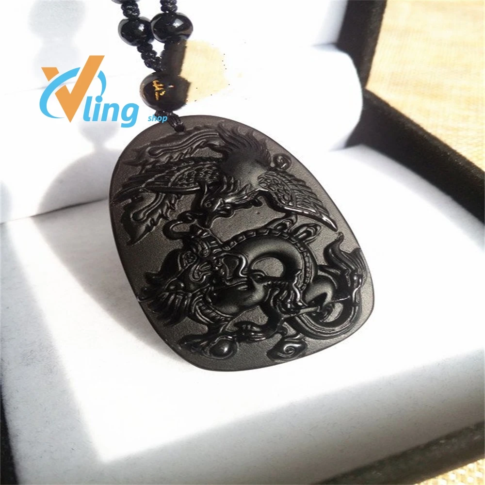 Natural Obsidian Dragon And Phoenix Pendant StatementNecklaceBohemianMan Nick Little Girl Korean Fashion Lucky Charmsspiritual