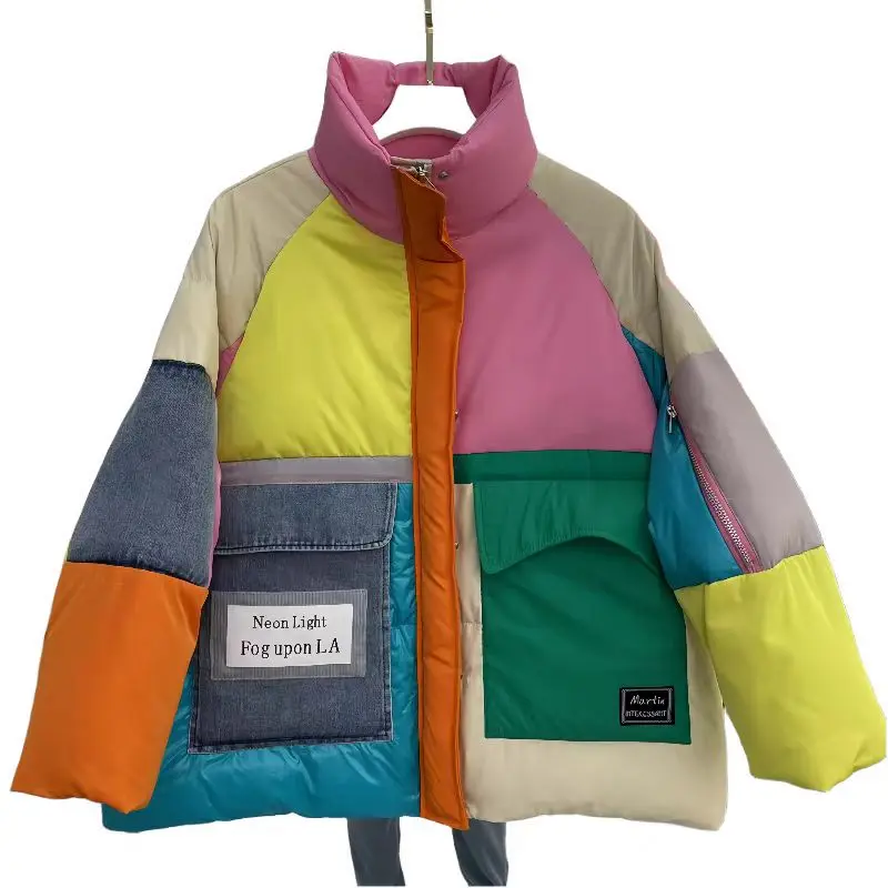 Color Blocking Splicing Stand Ap Collar Down Jacket, Loose Large Pocket White Duck Down Bread Jacket, European Winter Hot Sellin