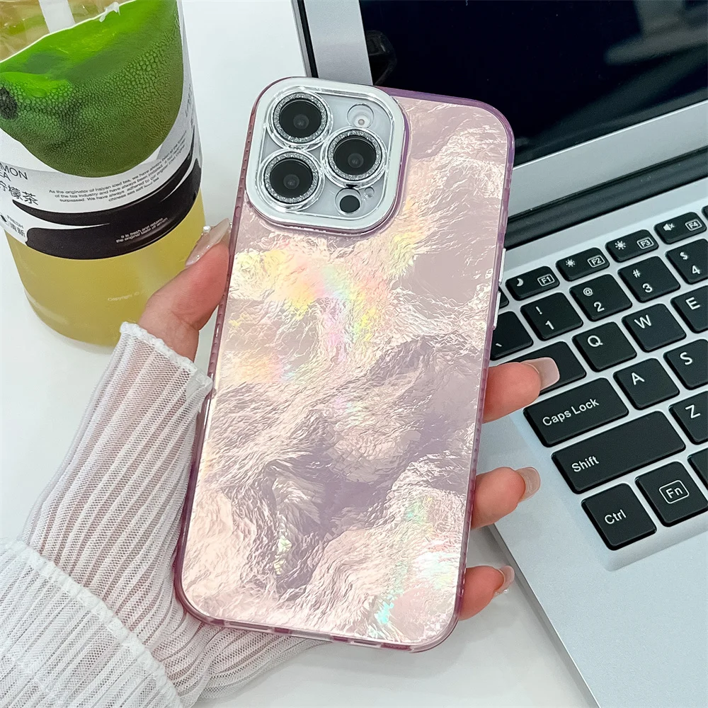 Custodia per telefono con glitter plissettato e increspature dell'acqua abbaglianti per iPhone 16 15 14 13 Pro Max, protezione per obiettivo lucido, antiurto, con retro glitterato_voghion.com