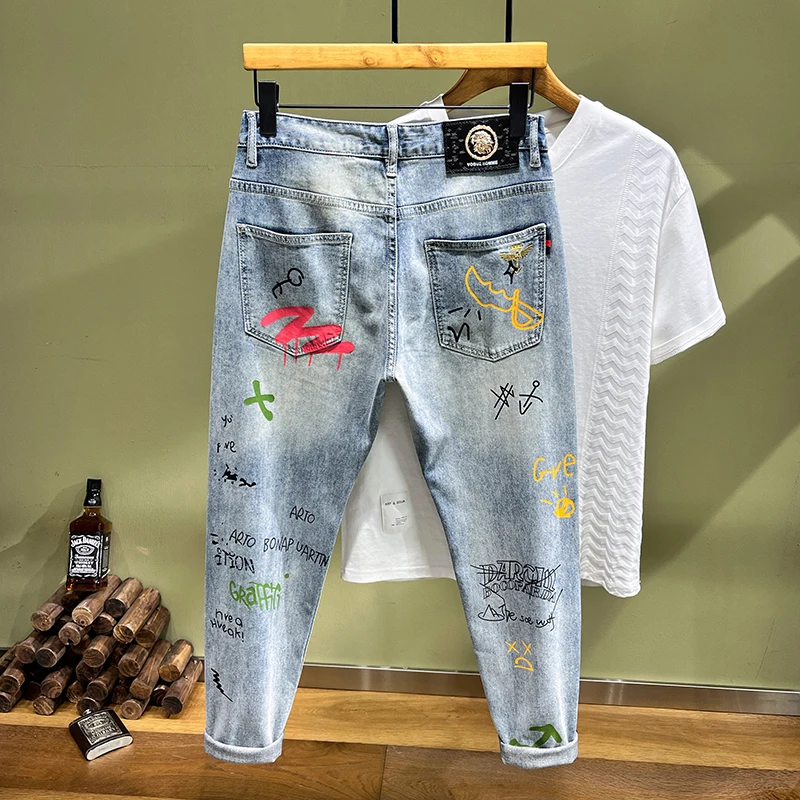 High-quality blue jeans men's fashion street -hop personality green letter print punk style jeans stretch slim version