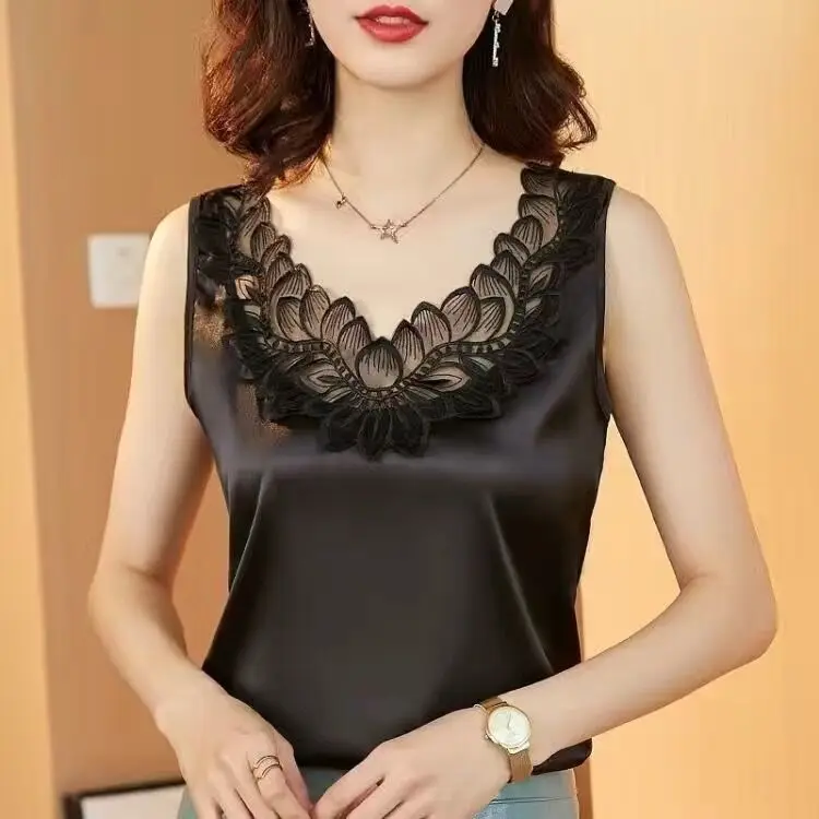 Sd508a969948a4a788bde06640995db81y Korean Silk Women Blouses Shirt Woman Satin Blouse Tops Women Satin Lace Embroidery Blouse Top Woman V-neck Printing Shirts Tops Mallzona