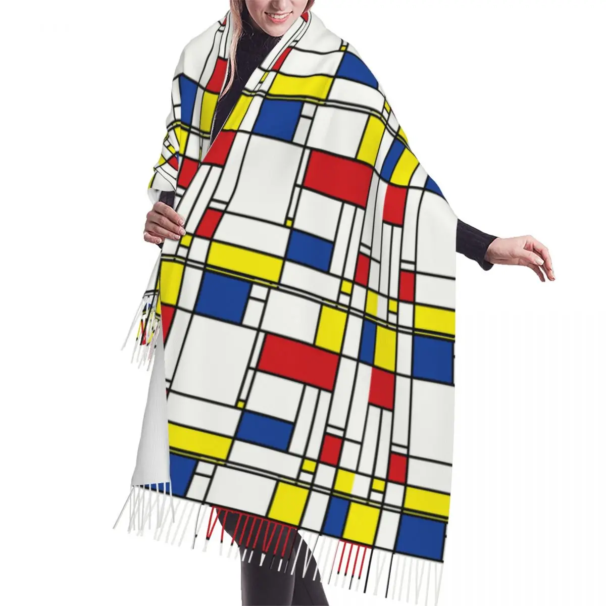 

Piet Mondrian минималистский стиль Современный художественный шарф для женщин Длинная зимняя Осенняя теплая шаль с кисточками универсальные шарфы унисекс