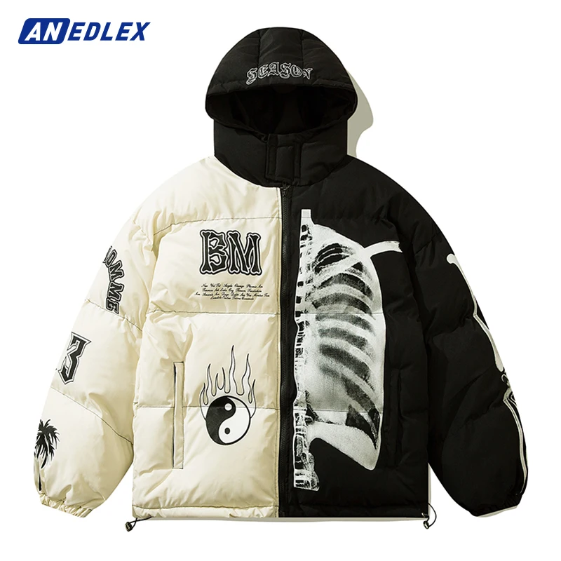 

Hip Hop Streetwear Men Parka Color Patchwork Jacket Coat Harajuku Cotton Hooded Padded Jacket Coat Winter Warm Thicken Outwear