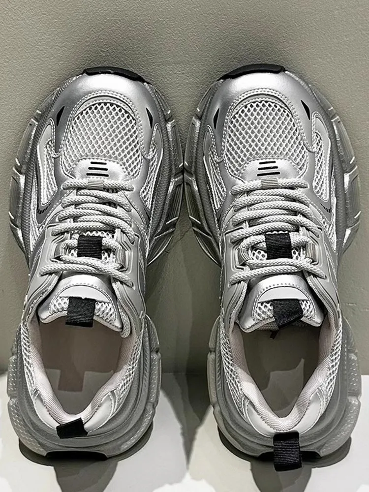 Summer Ladies Leisure Silvery Mesh Breathable Thick Soled Lace Up Jogging Sports Shoes Running Shoes Fitness Trainers Sneakers