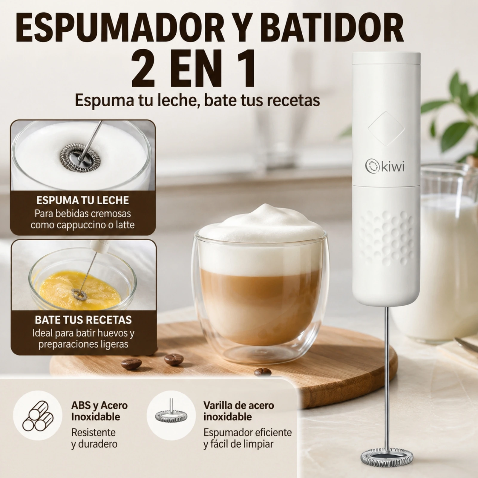 Mousseur à lait électrique portatif avec fouet en acier inoxydable et corps en ABS, batteur à œufs portable pour le café, le cappuccino et la pâtisserie, design blanc ergonomique, 3,5 x 22 cm. 1