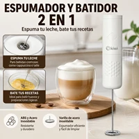 Mousseur à lait électrique portatif avec fouet en acier inoxydable et corps en ABS, batteur à œufs portable pour le café, le cappuccino et la pâtisserie, design blanc ergonomique, 3,5 x 22 cm. 1