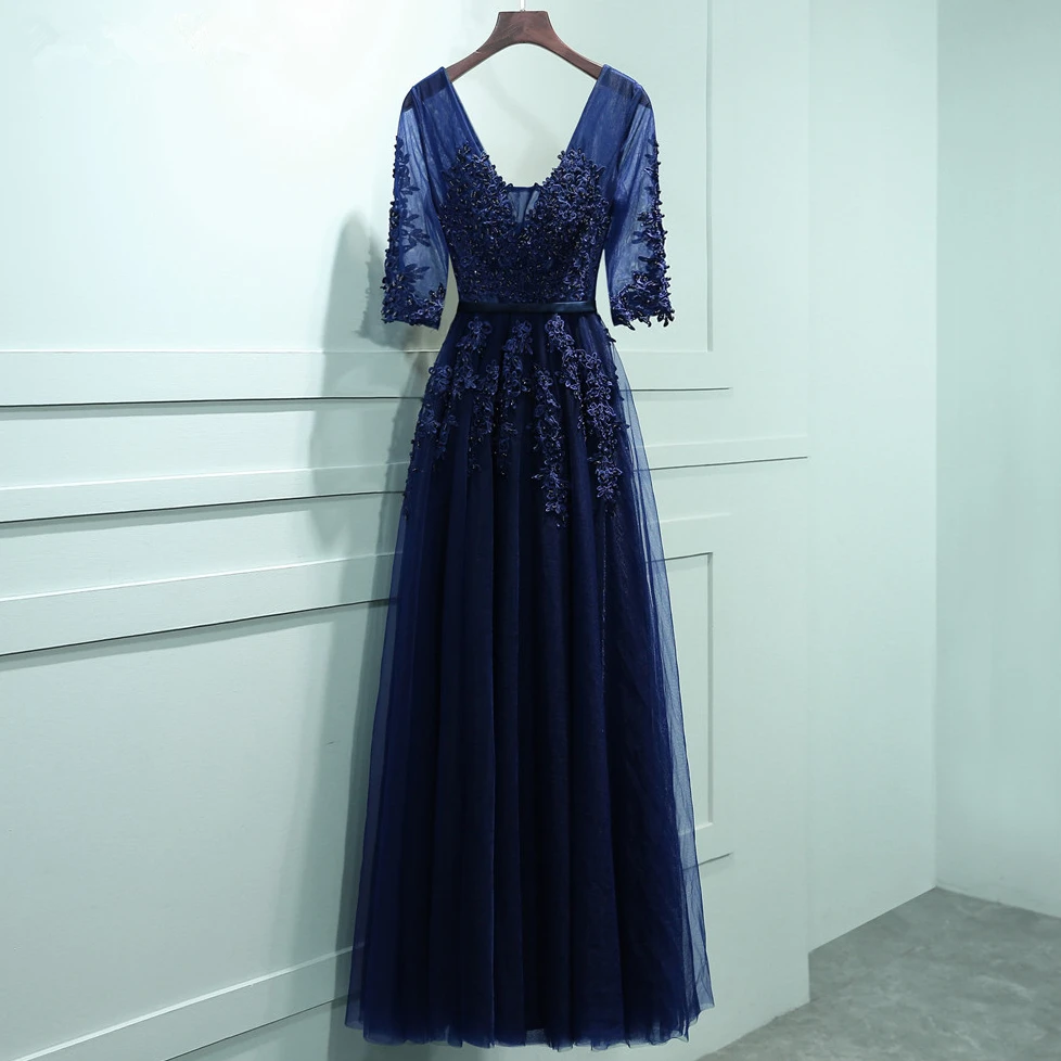 

Fashion Girl Long White Navy Blue Black Evening Dresses Woman Sexy V-Neck Lace Appliques Tulle Prom Dress Wedding Party Gown