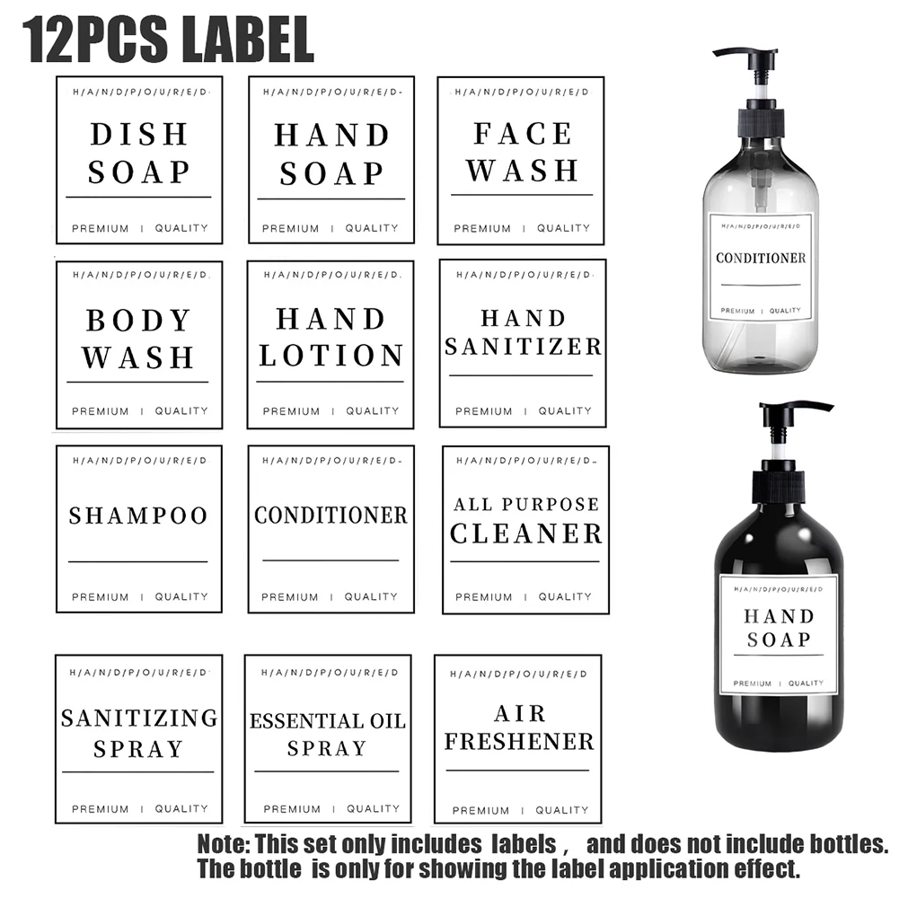 Soap Dispenser Bathroom Labels Sticker Set 12 Pcs Soap Dispenser Waterproof Labels Bathroom Jar Storage Label Shower Shampoo Lotion Conditioner Bottle Stickers