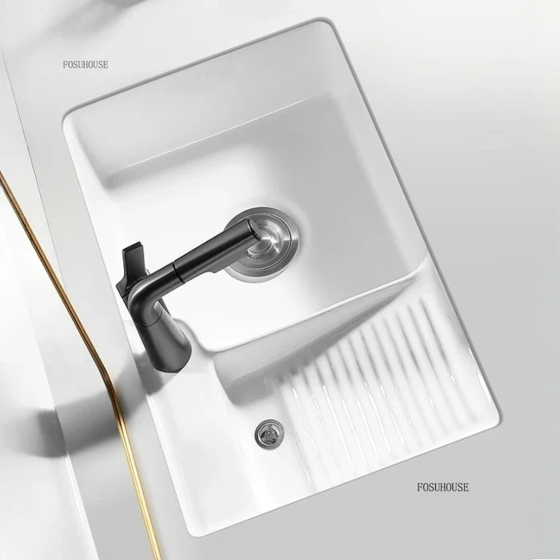 อ่างล้างหน้าเซรามิกแบบฝังใต้เคาน์เตอร์ อ่างล้างหน้าสำหรับระเบียง/ห้องซักรีด พร้อมที่ขัดผ้า อ่างล้างหน้าแบบฝังในบ้าน อ่างล้างหน้าเดี่ยว 1