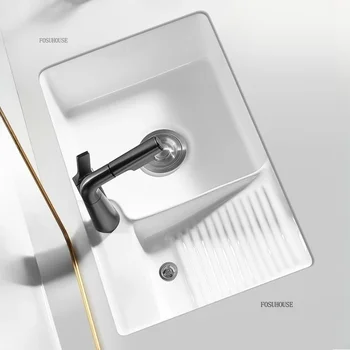 อ่างล้างหน้าเซรามิกแบบฝังใต้เคาน์เตอร์ อ่างล้างหน้าสำหรับระเบียง/ห้องซักรีด พร้อมที่ขัดผ้า อ่างล้างหน้าแบบฝังในบ้าน อ่างล้างหน้าเดี่ยว 1