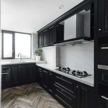 เฟอร์นิเจอร์ห้องครัวสไตล์โมเดิร์นครบชุด Black Series PVC Classic Storage ตู้เคลือบเงาพร้อมอุปกรณ์เสริมใดๆ 1