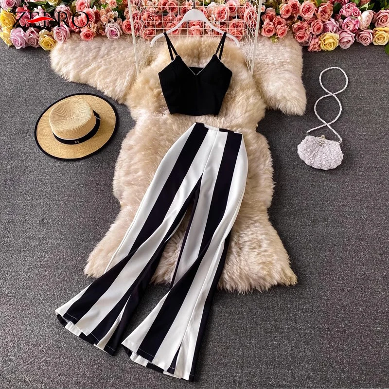 

Summer Women Suit 2 Piece Set Short Sexy V Neck Diamonds Camisole Vest + High Waist Black White Striped Wide Leg Flare Pants Set