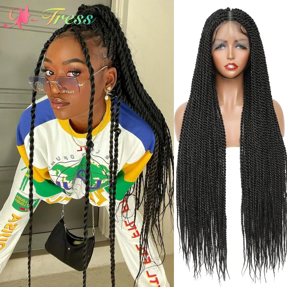 X-TRESS 32'' Full Lace Braided Wigs Knotless Senegalese Twist Braids Lace Frontal Synthetic Hand Braided Wig For Black Women