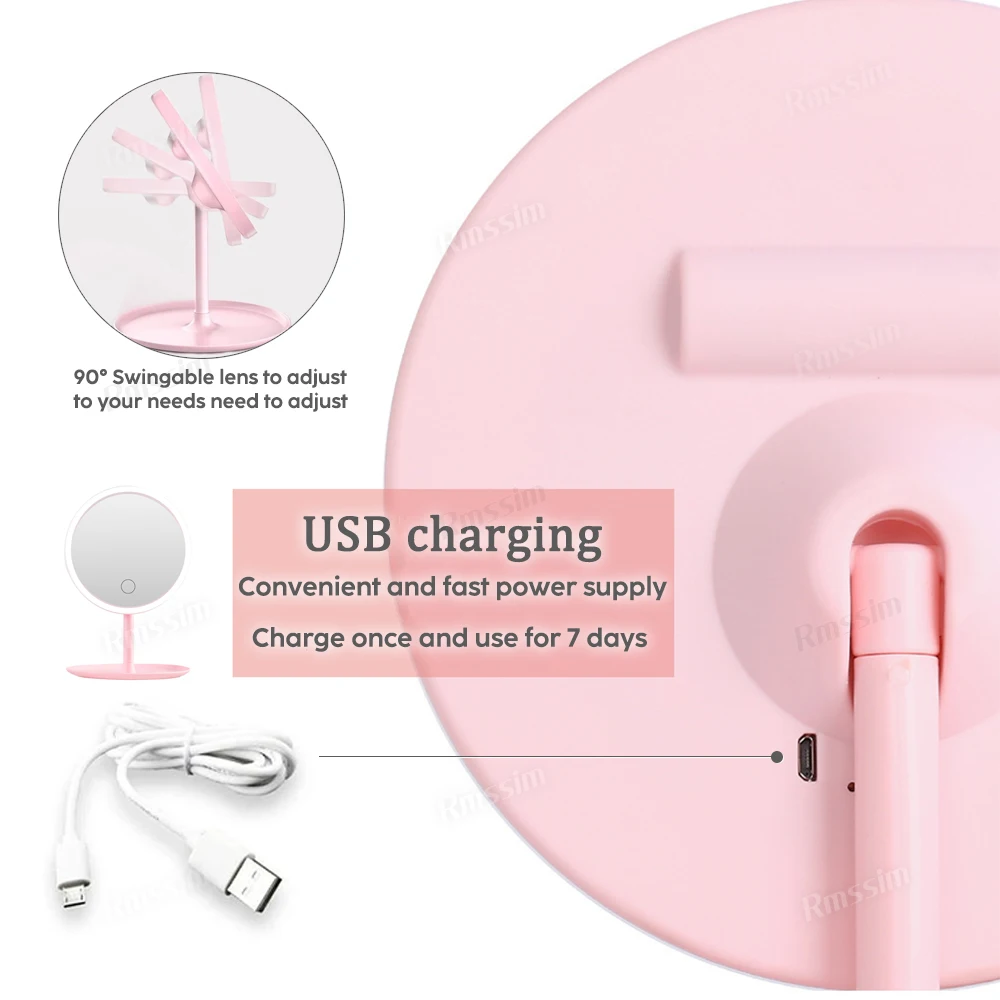 USB 메이크업 거울 디밍 화이트 LED 일광 화장대 거울, 분리형 및 보관대, 3 가지 모드 거울 조명, 조절식 조명