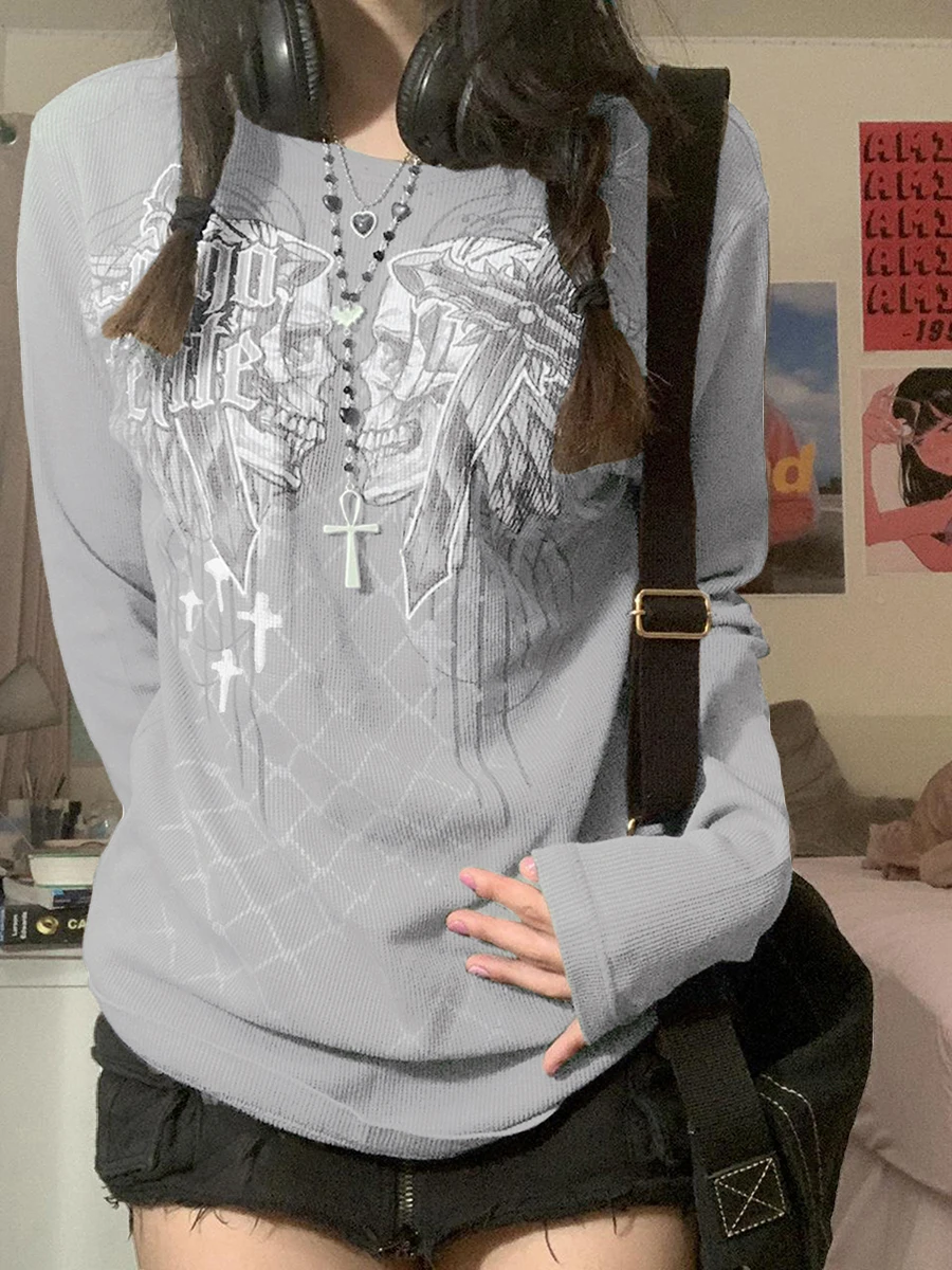 

Women Sweatshirts Long Sleeve Round Neck Skull Knitting Loose Casual Spring Fall Taupe Brown Tops Pullover Gothic Y2K Hoodies