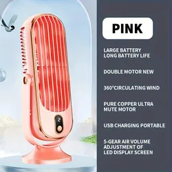 Rechargeable Portable Desk Fan with Quiet 5 - Speed Control (Pink)