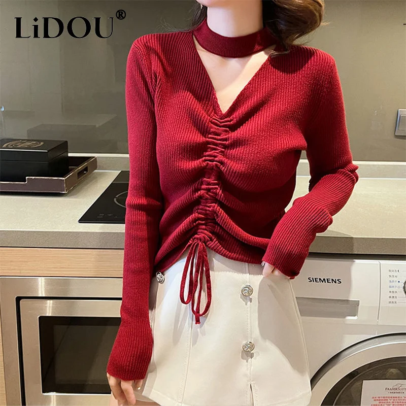 

Autumn Winter Halter Hollow Out Slim Sweater Female Sexy Fashion Shirring Lace Up Knitting Top Women Casual All-match Jumpers