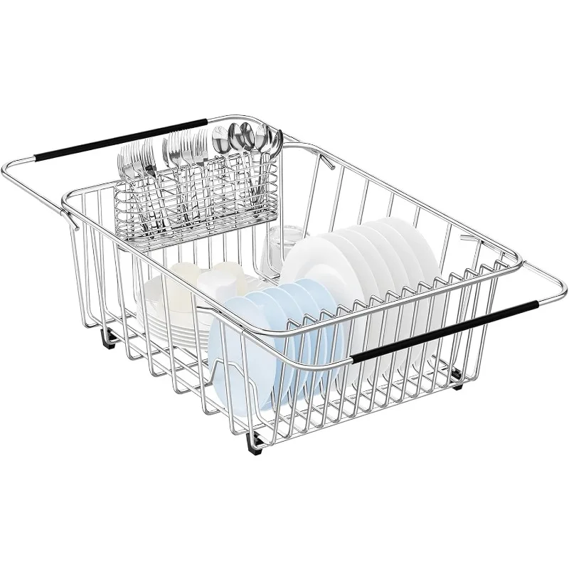 Large Dish Drainer Rack in Sink Adjustable, Expandable 304 Stainless Steel Metal Dish Drying Rack