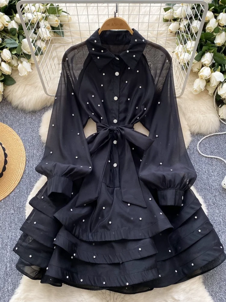 Wmstar Dress Women Wholesale French Style Heavy Diamond Encrusted Ruffled Women Spring Lace Up Cinched Waist Elegant Lace Puffy
