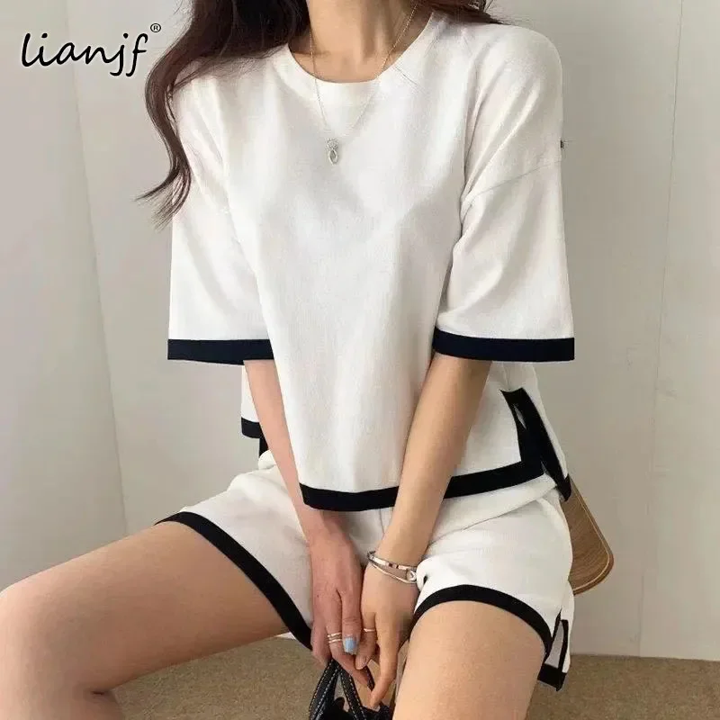 

Korean Style Tracksuit Knitted Suit Summer Short Trouser+short Sleeve O-neck Pullover Shirt Fashion Shorts Suit Women Tracksuits