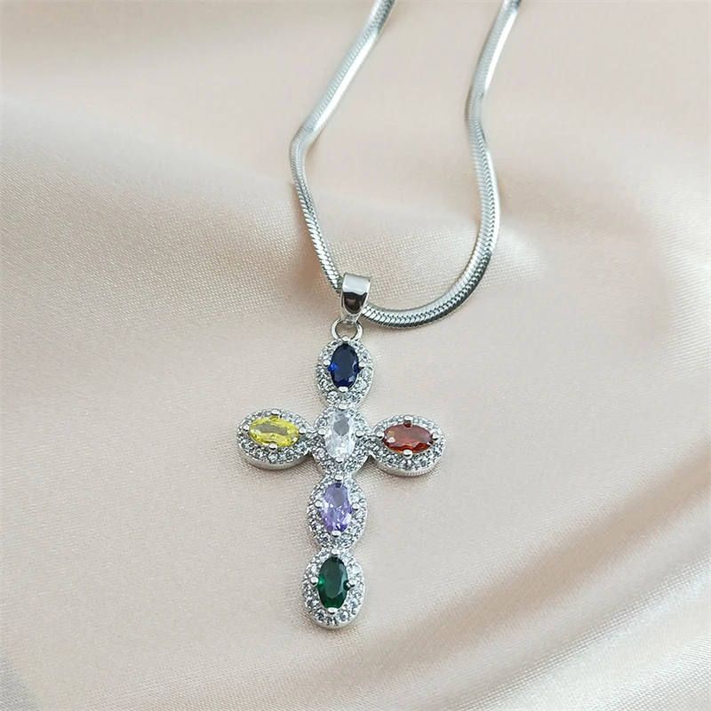 Collana con croce in zircone di cristallo multicolore per donna gioielli con collane religiose in acciaio inossidabile Color argento GiftHH42-5  36