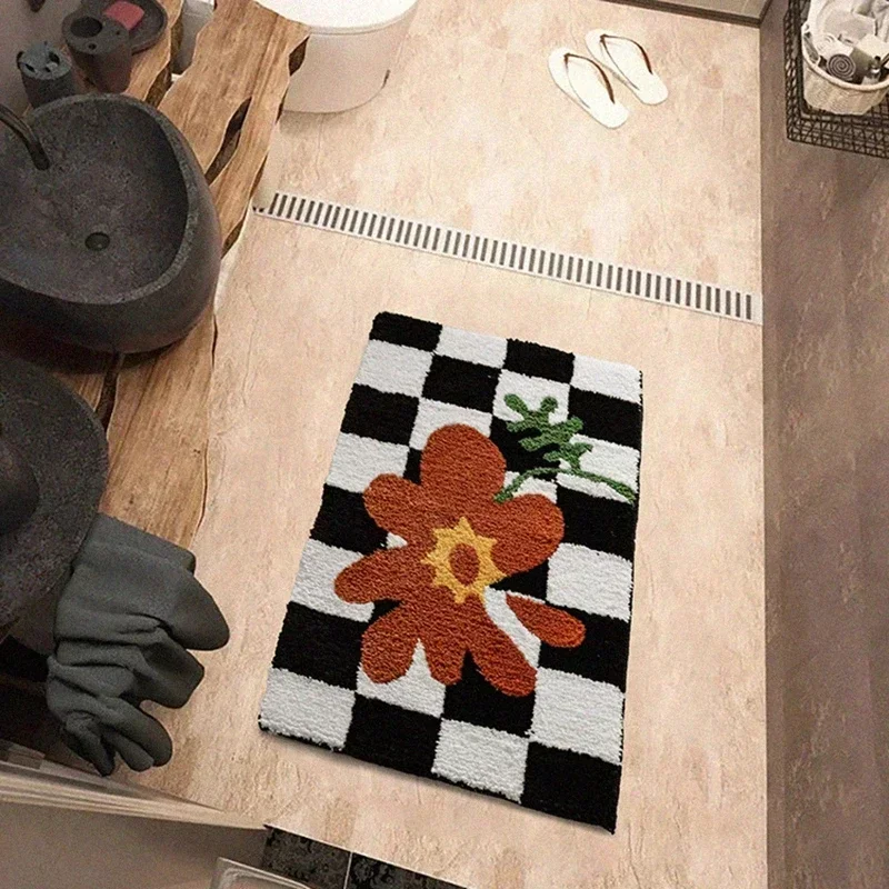 Retro Chessboard Plaid Bath Mats Fluffy Grids Soft Floral Carpet Bathroom Anti Slip Carpet Bedside Mats Ins Style Flocked floor mat