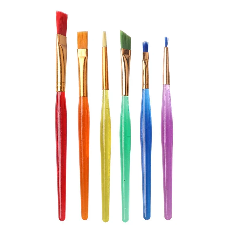 Paint Brushes Set 6 Pcs/Set Colorful Tip Flat Child Paint Brushe Plastic Handle Nylon Paint Brushes Set Drawing Art Supplies