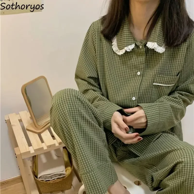 Plaid Casual Pajama Sets Women Single Breasted Ins Japan Turn-down Collar Nightwear Spring Fall Elastic Waist Homewear Mujer women pajamas set women pajama suit