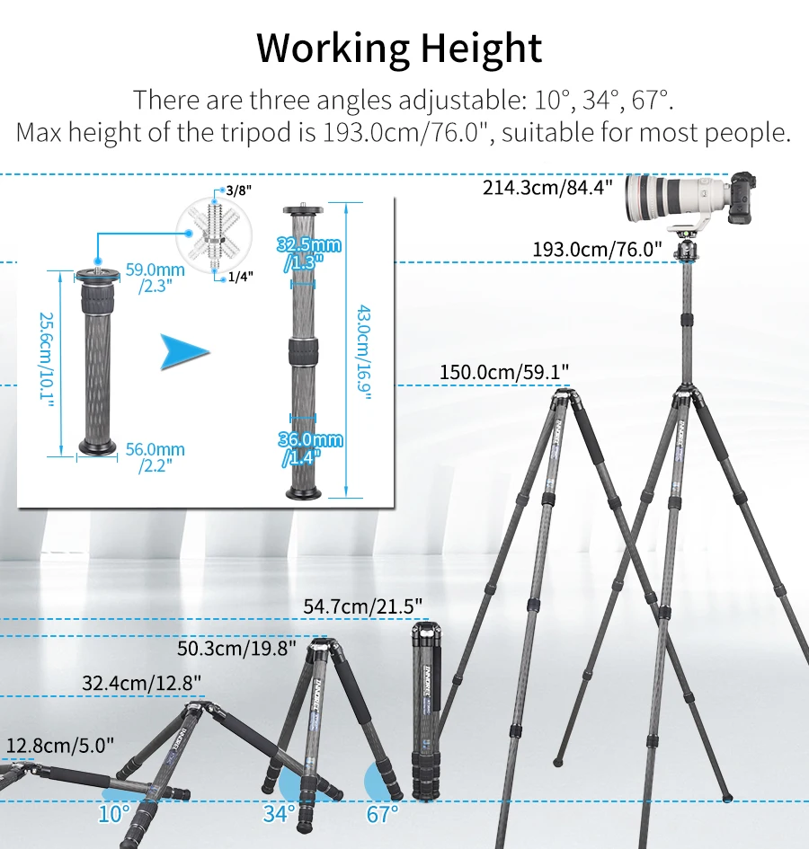 KT364C Professional Carbon Fiber Tripod for DSLR Camera Heavy Duty 36mm 10 Layer