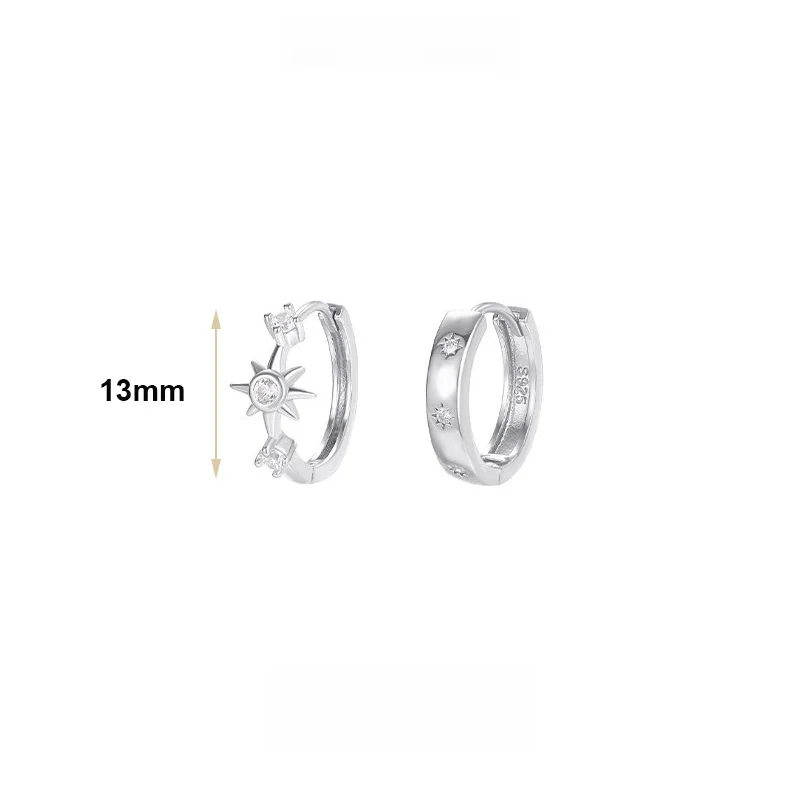 Front view of asymmetry hoop earrings with zircon star