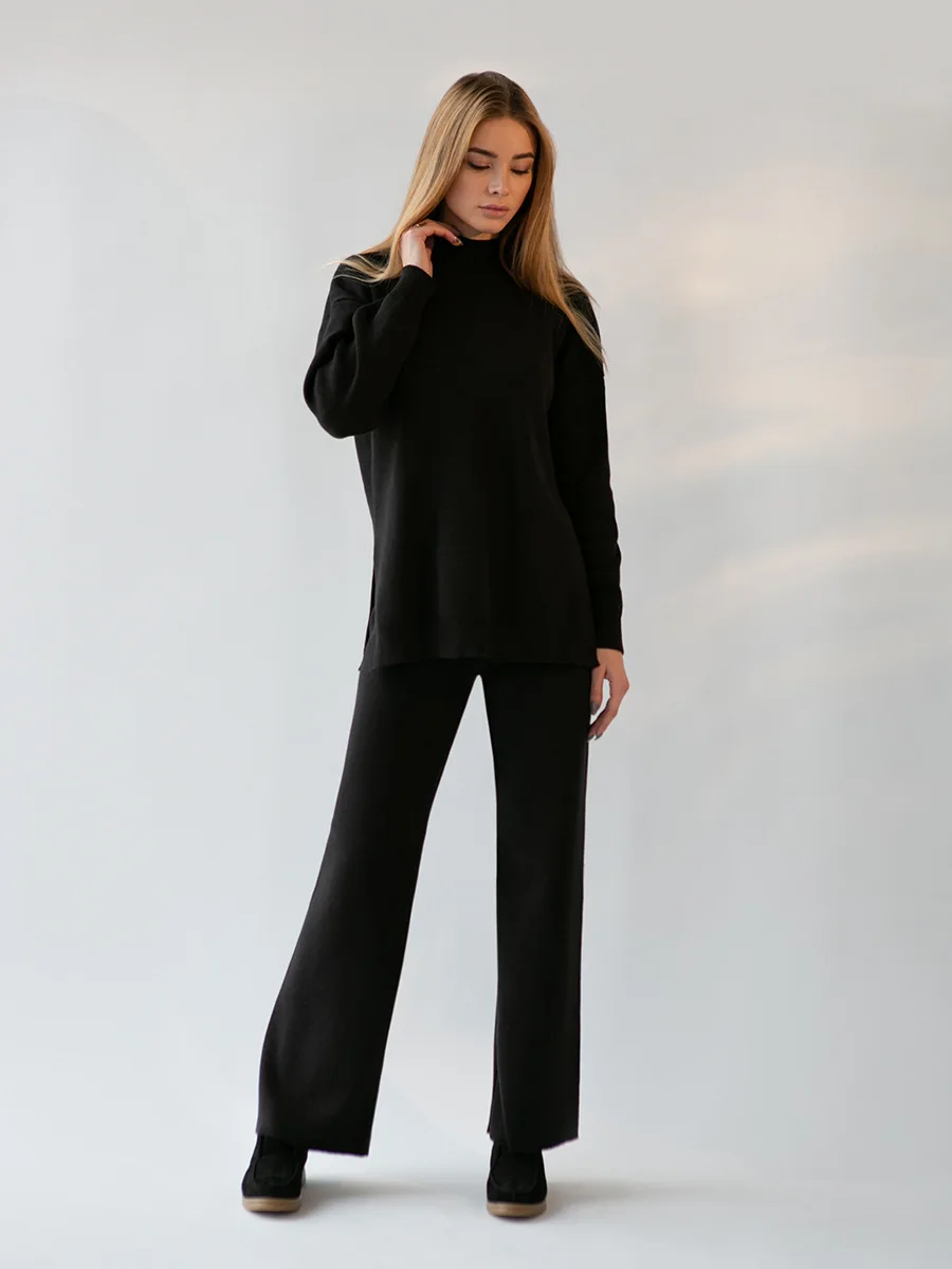 Tesco Solid Knitted High Neck Split Sweater Pant Set For Women Wear 2023 Autumn/Winter Fashion Casual Lazy Sweater+Pants 2 Piece
