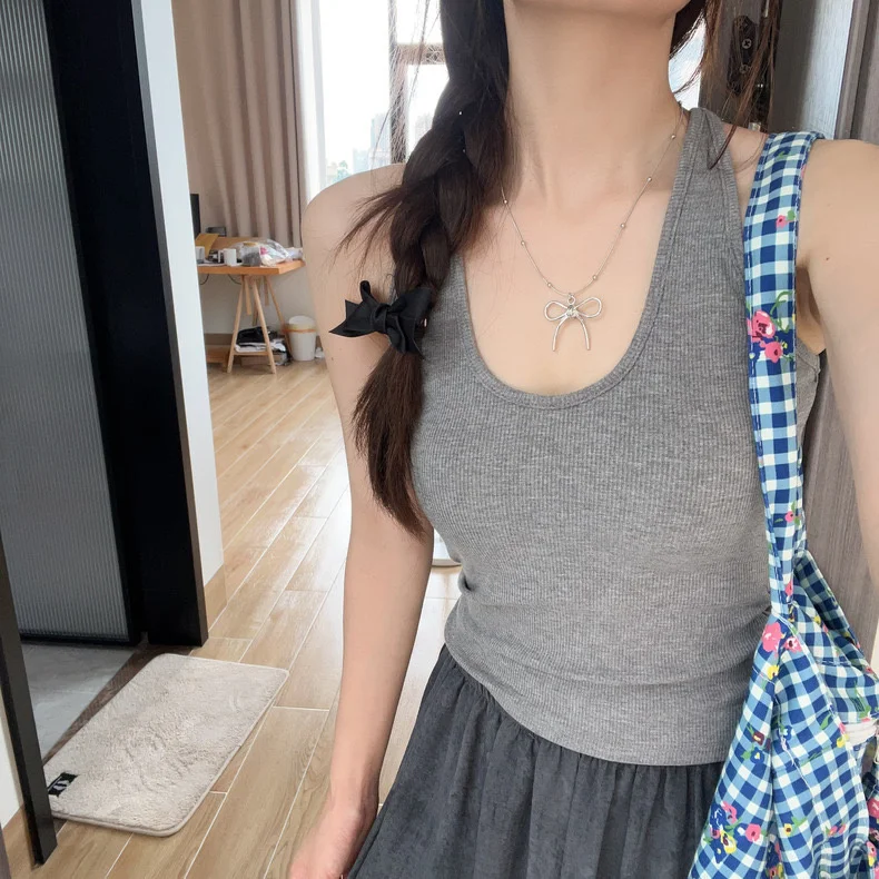 Retro U-Ne Hanging Strap Vest Women's Inner Wear Slim Fit Summer 2024 Simple Sle Versatile ort Nylon Spandex Tank Top