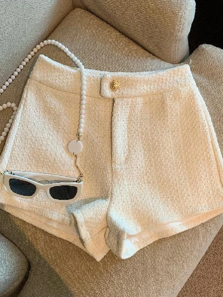 Tweed Shorts Women Korean High Waist Wide Leg Shorts Office Lady Elegant White Black Autumn Winter Casual All Match Short Pants 2
