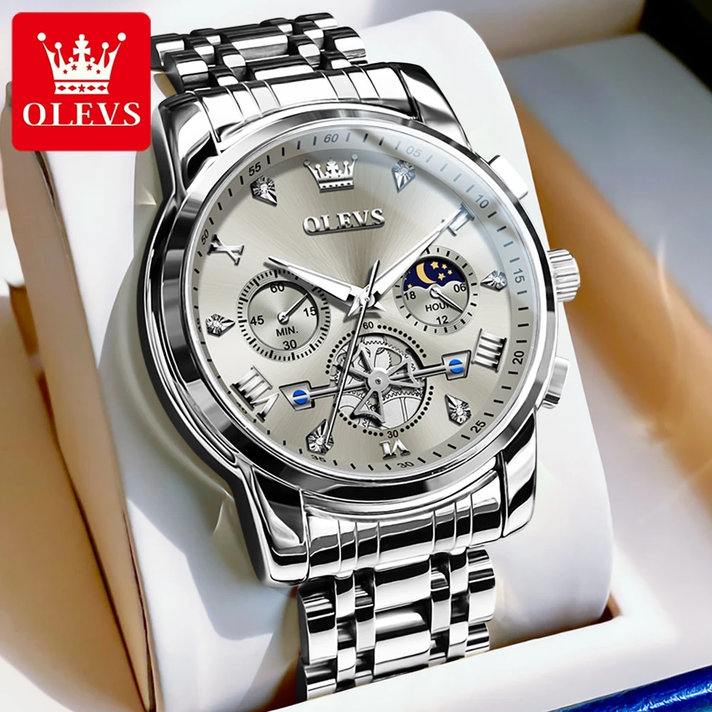 OLEVS Brand Luxury Moon Phase Chronograph Quartz Watch Men Stainless Steel Waterproof Luminous Fashion Tourbillon Mens Watches