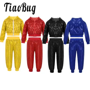 Girls Boys Hip Hop Jazz Performance Costume Street Dance Outfits Shiny Sequins Jacket Coat Hooded Tops Pants Unisex Kids Suits