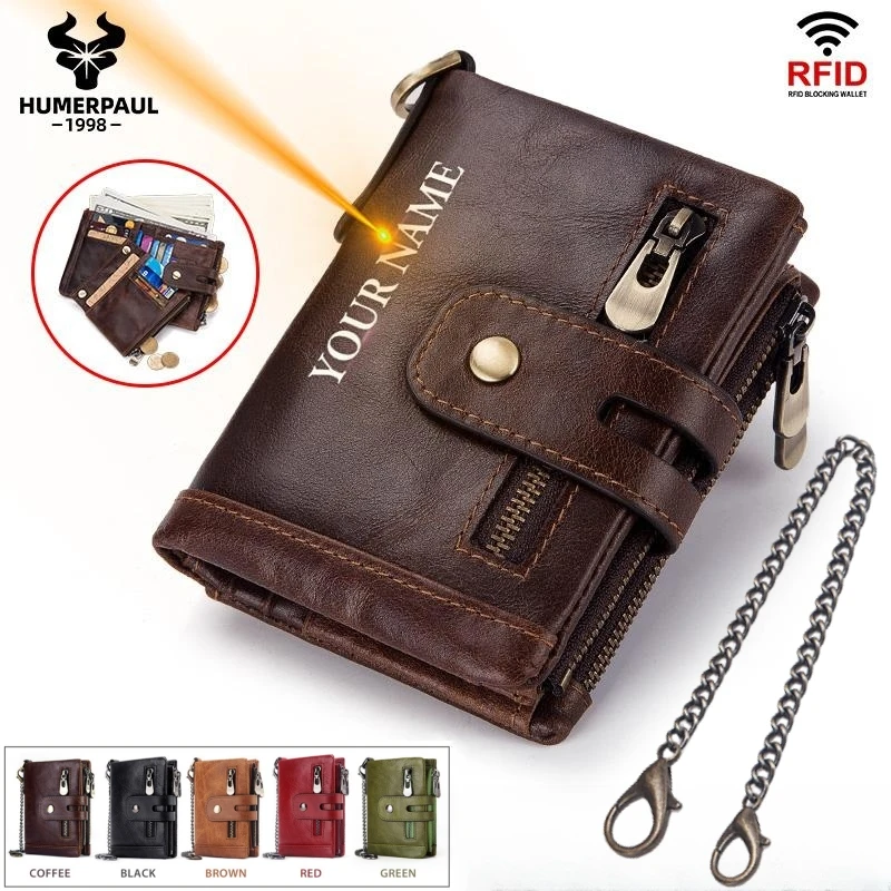 

100% Genuine Leather Men Wallets Coin Purse Small Mini Card Holder Chain PORTFOLIO Portomonee Male Walet Pocket with Chain