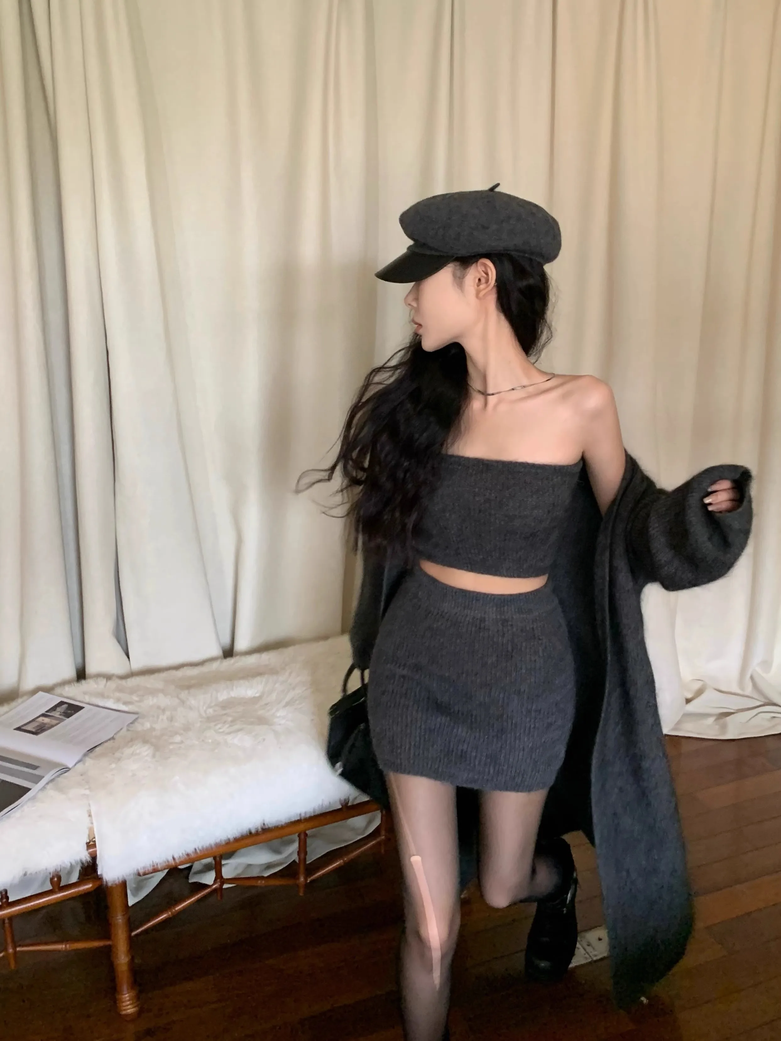 Autumn Winter New Knitted 3-piece Skirt Set Women Solid Long Cardigan Strapless Crop Top Mini Skirt Y2K Korean Chic Knitwear New