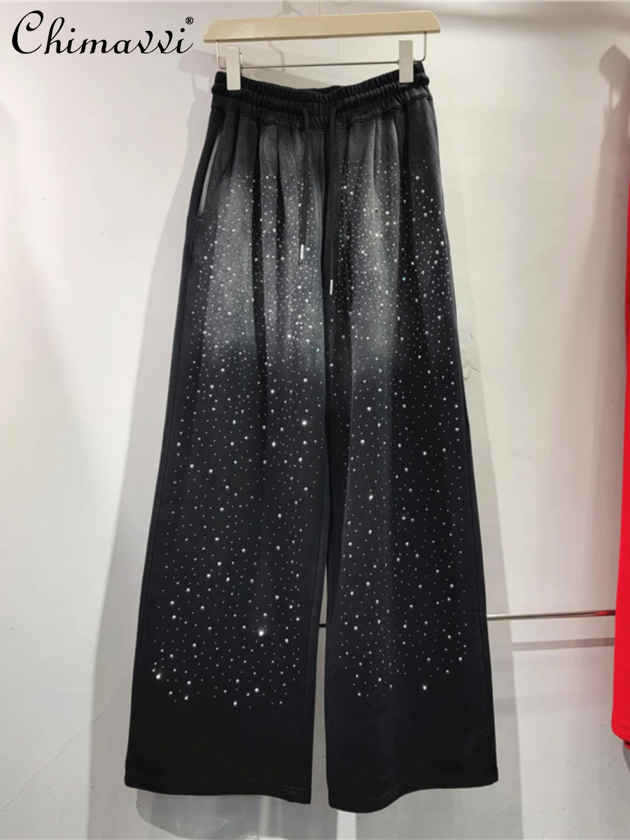 

European Goods Heavy Shiny Rhinestone Wide-Leg Pants for Women 2024 Spring New Elastic Waist Straight Casual Slim-Fit Trousers