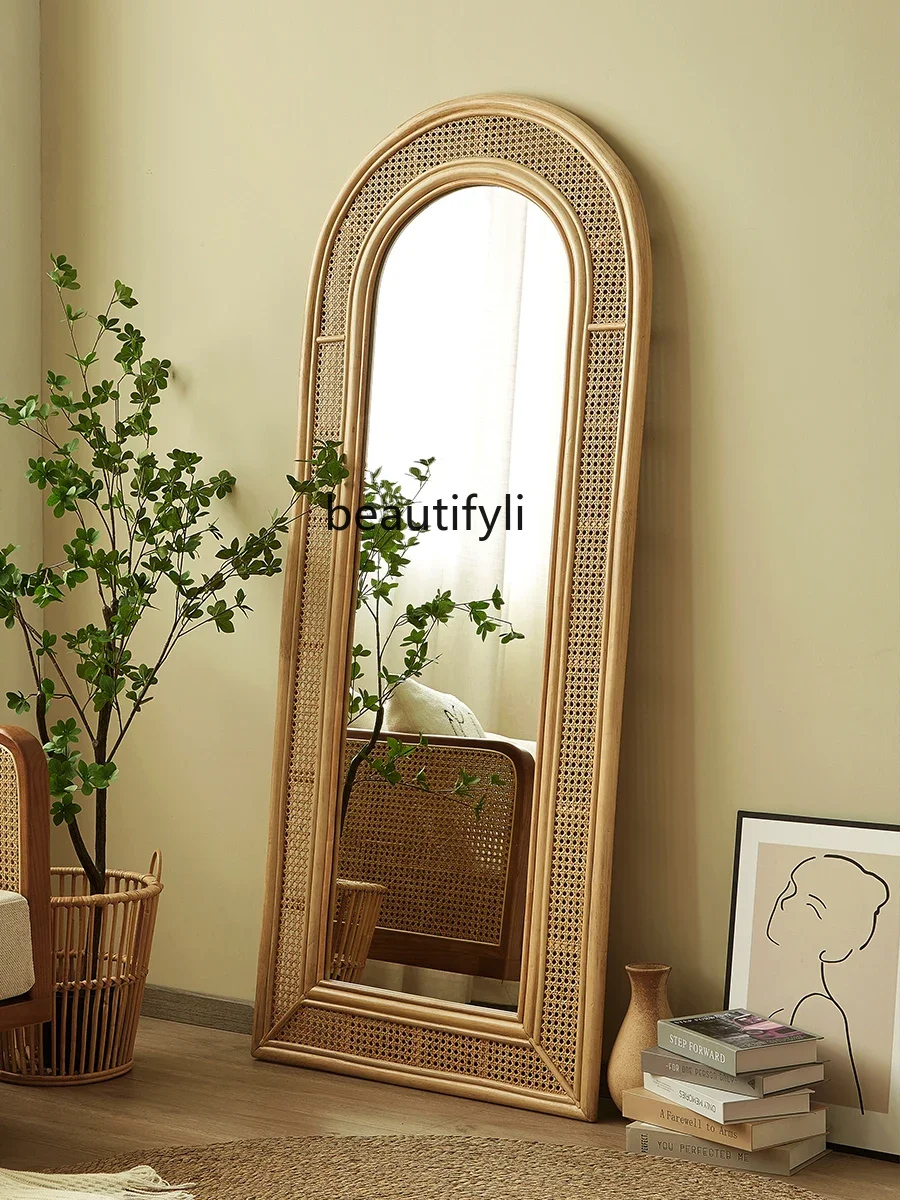 

Retro Natural Real Rattan Woven Full-Length Mirror Full Body Floor Home Bedroom B & B Simple Modern