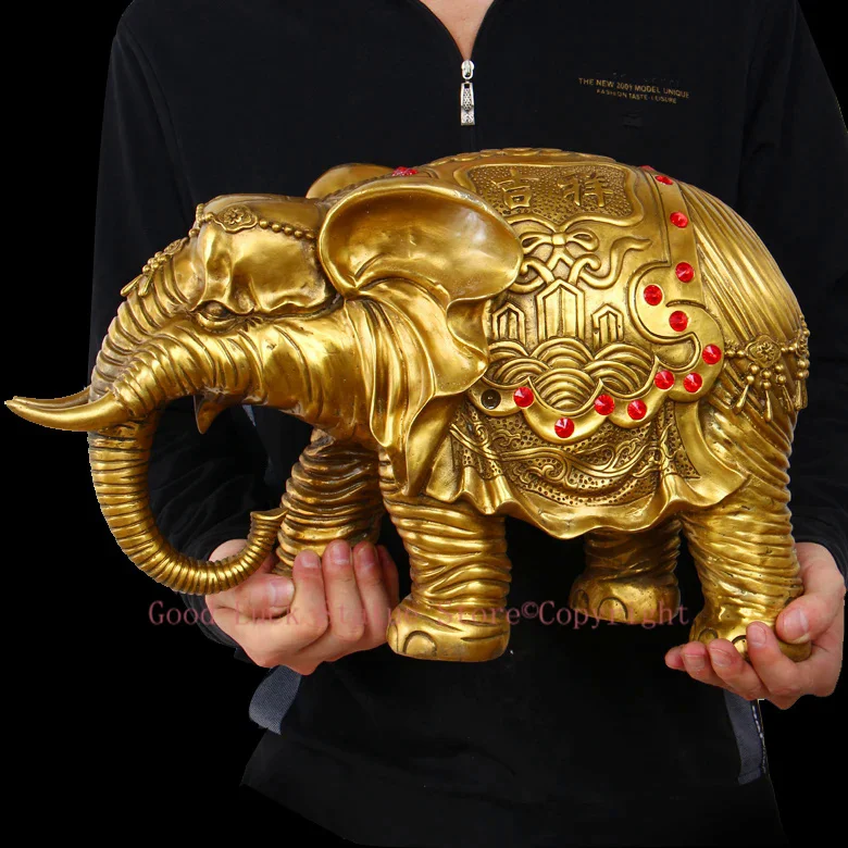 

55 CM large # home office Safety business luck efficacious Talisman # Golden Thailand Indian elephant # Brass elephant statue