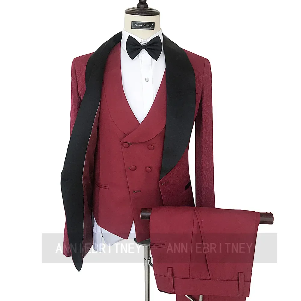 Burgundy Jacquard Formal Wedding Elegant Men Suit Groom Tuxedo Prom Slim Fit Shawl Lapel Blazers High Quality Custom 3 Piece Set