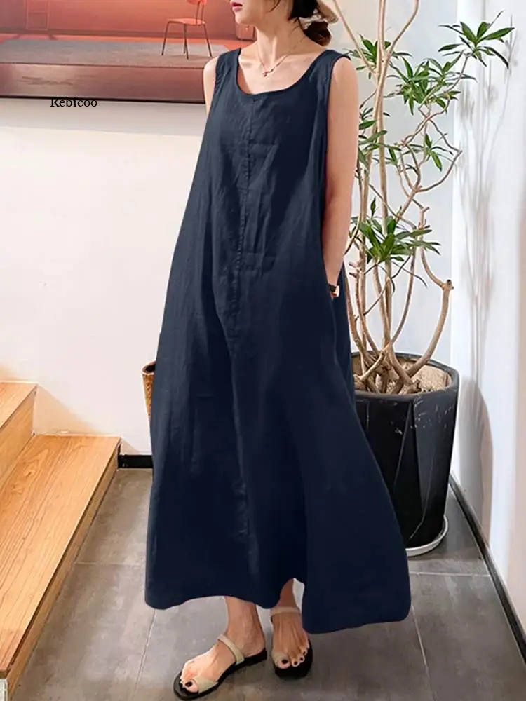 

Fashion Women Solid A-line Holiday Sundress Summer Bohemian Sleeveless Party Mid-calf Dress Casual Robe