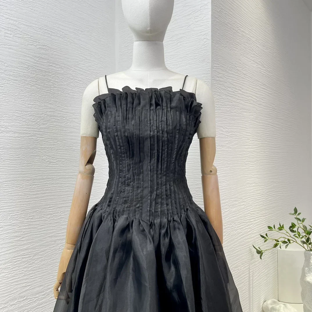 2024 Summer Latest Collection Women Camis Clothes Black Strapless Ruched Pleat Sleeveless High Quality A-line Midi Dress