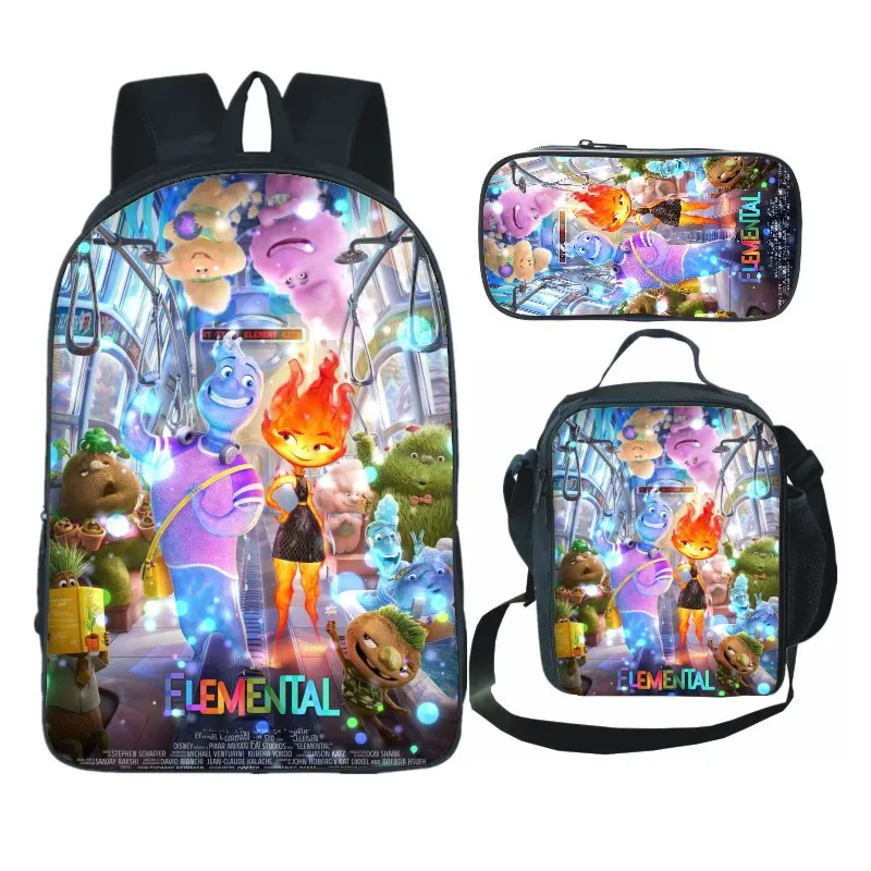 3D Pritned Anime Elemental Backpack Lunch Bag Primary Middle School Students Boys Girls Cartoon School Bag Lunch Box Pencil Case