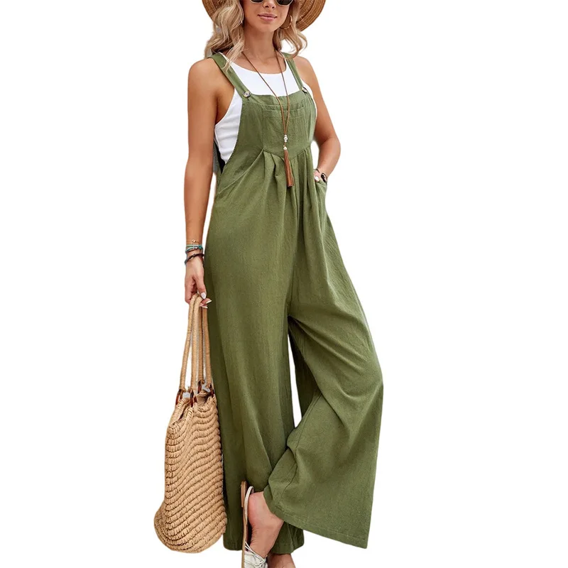 2023 Summer Women Vintage Ruffle Loose Wide Leg Jumpsuit Pockets Sleeveless Strap Overalls Streetwear Rompers Outfits Pantalones