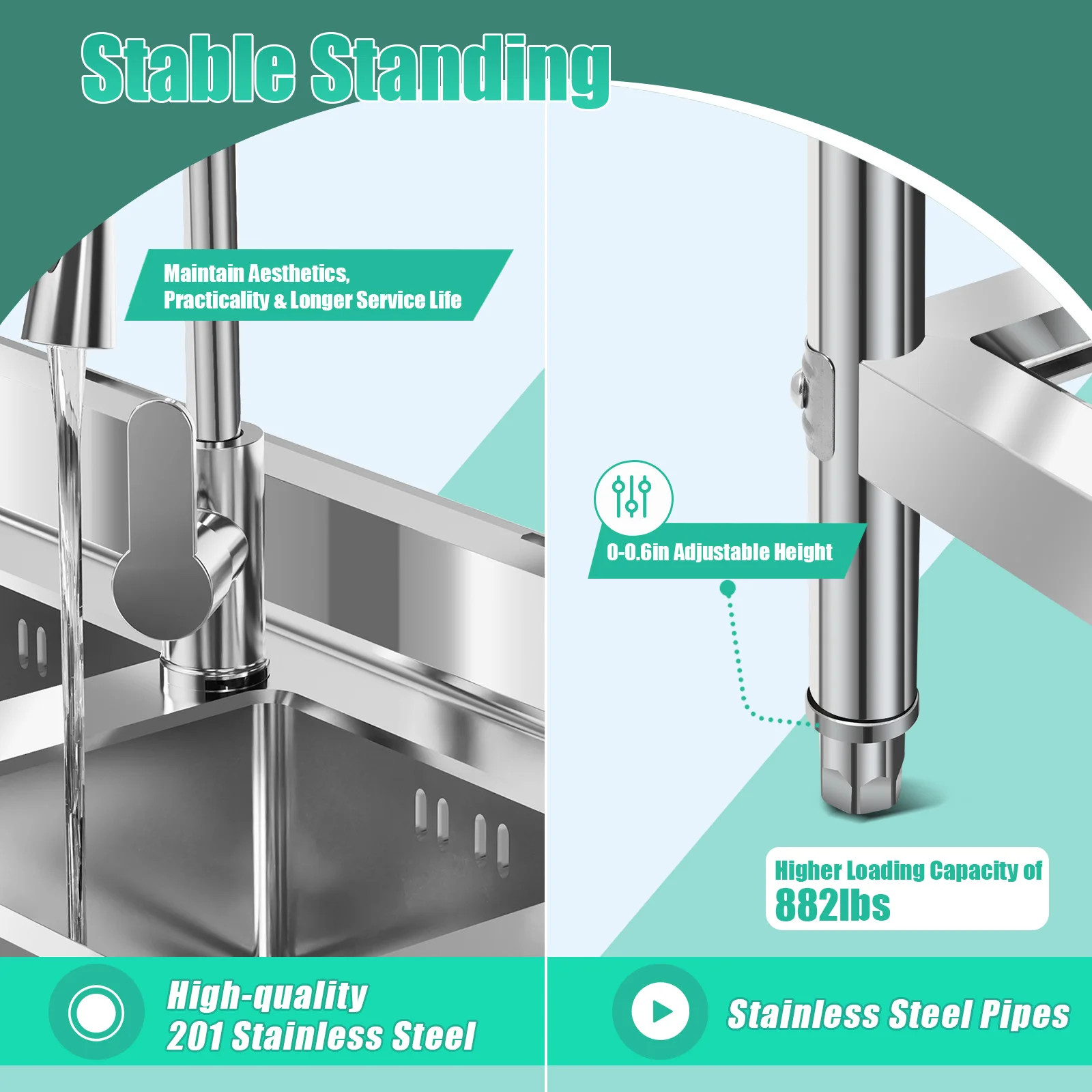 47.2*17.7*31.9 Inch Stainless Steel Kitchen Double Sink with Drawable Hot Cold Water Faucet Separate Sinks with Storage Rack 6