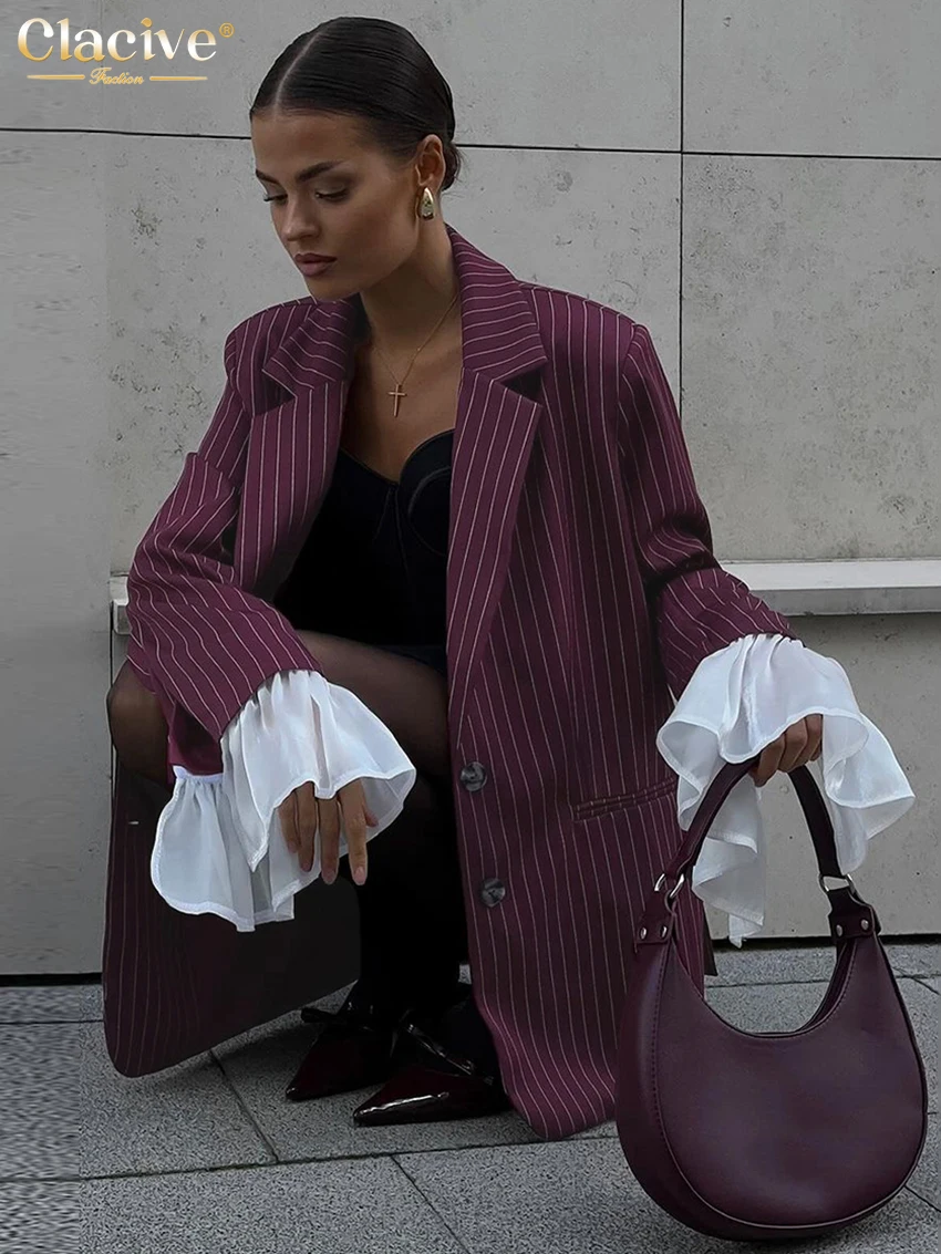 Clacive Fashion Loose Wine Red Stripe Women's Blazer Winter Lapel Long Sleeve Coats Elegant Blazers Top Female Clothing