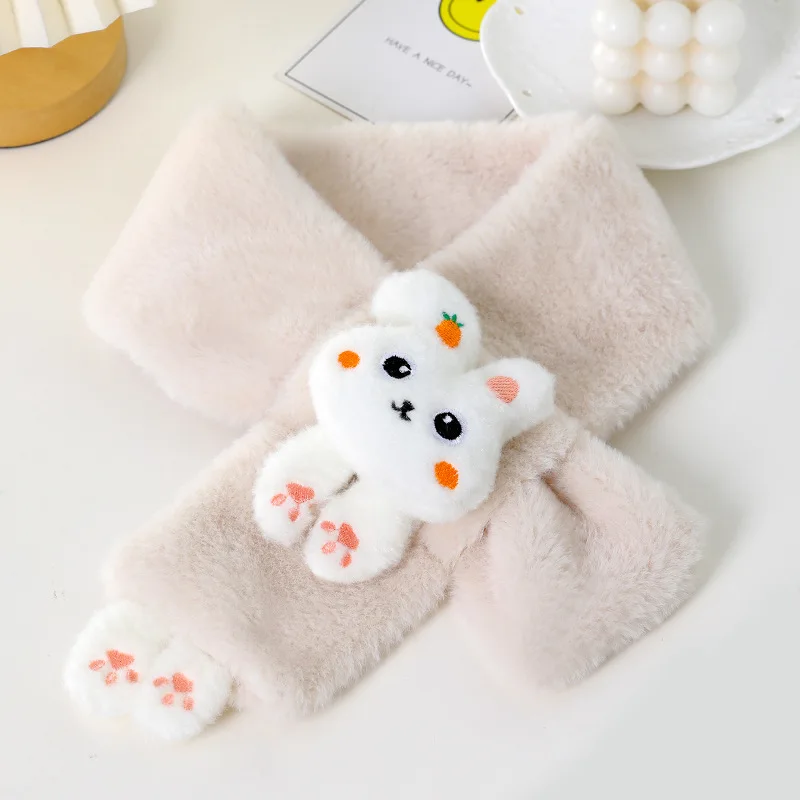 Baby Scarf Boys Girls Winter Thick Plush Cross Cartoon Rabbit Faux Fur Neck Protection Warm Shawl