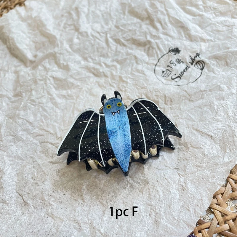 1 Stück Halloween kleine Acryl-Greifklammer, Kürbis-Zauberhut, Fledermaus-Cartoon-Haarschmuck, Pony-Clip, Hinterkopf, halbe Krawatte, Haarklammer – Detail 7